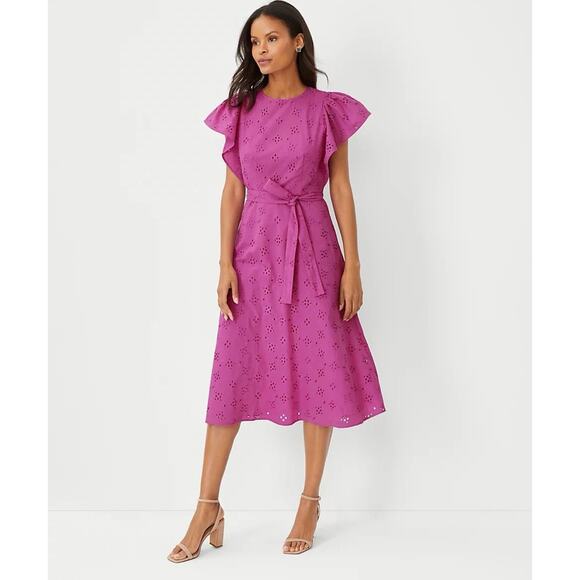 ANN TAYLOR Dress Peony Pink Eyelet Flutter Sleeve Midi Sz 8 - Picture 1 of 9